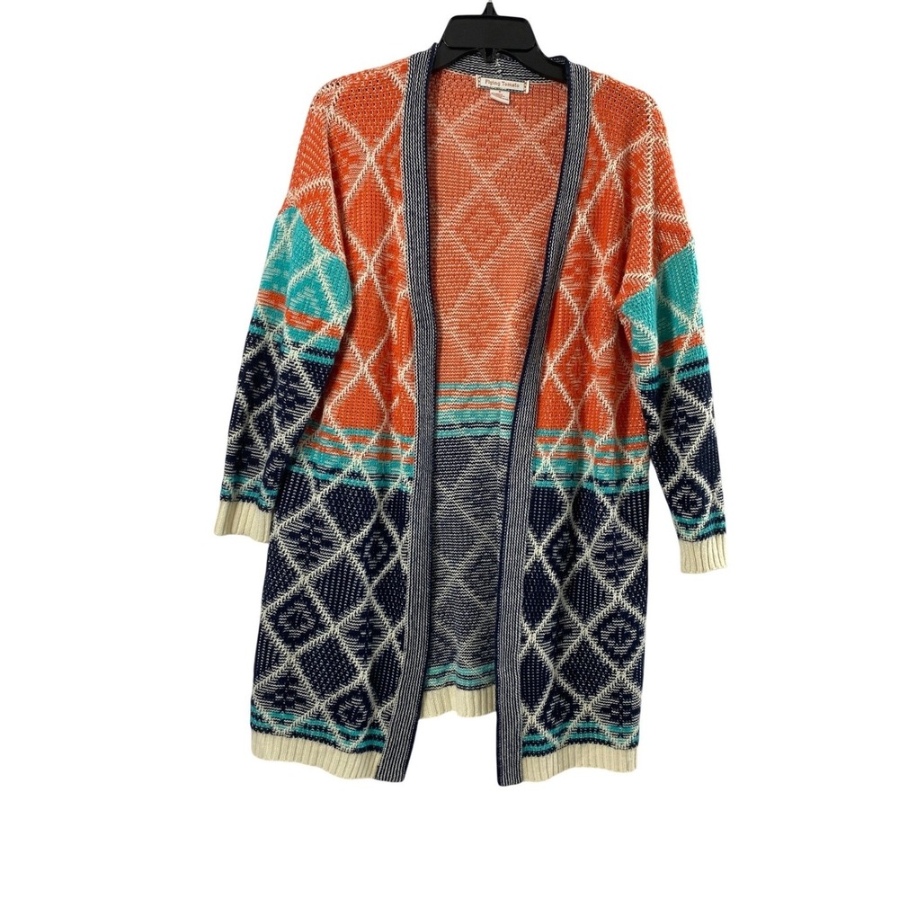 Flying Tomato Long Cardigan Women M Diamond Pattern Statement Sweater Open Front